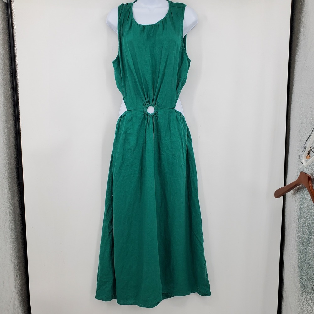 The Drop Women's Green 100% Linen Cutout Ring Detail Midi Dress XL Resort Lagen